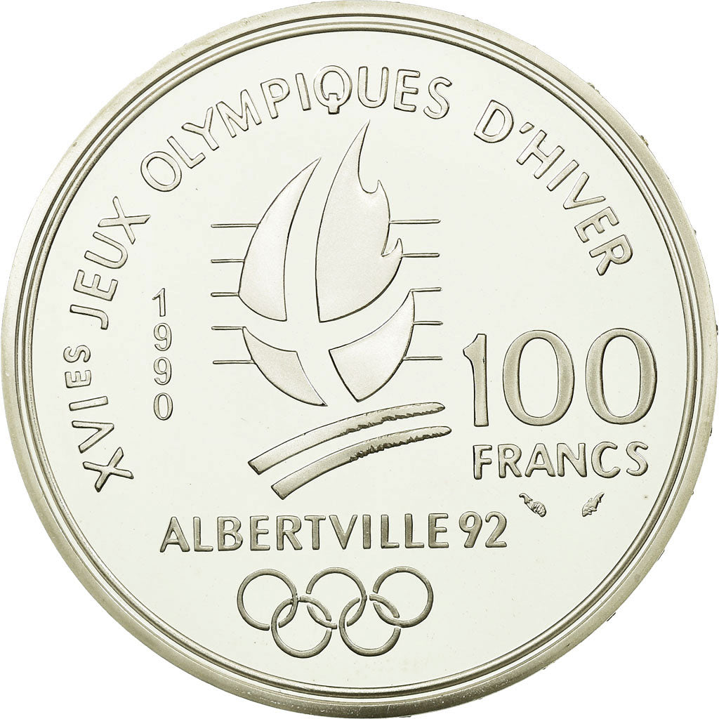 Moneta, Francja, Slalom skiers, 100 Francs, 1990, BE, MS(65-70), Srebro, KM:984