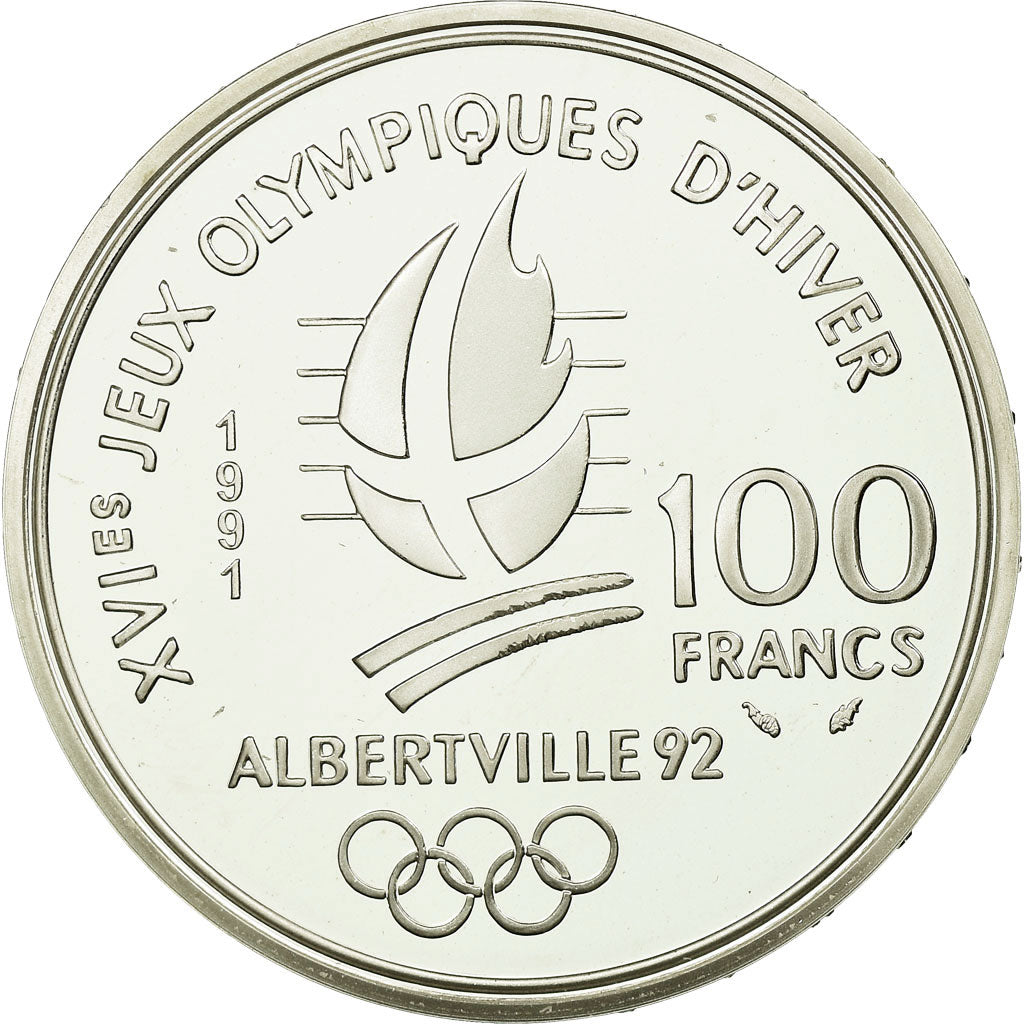 Coin, France, Cross-country skier, 100 Francs, 1991, BE, MS(65-70), Silver