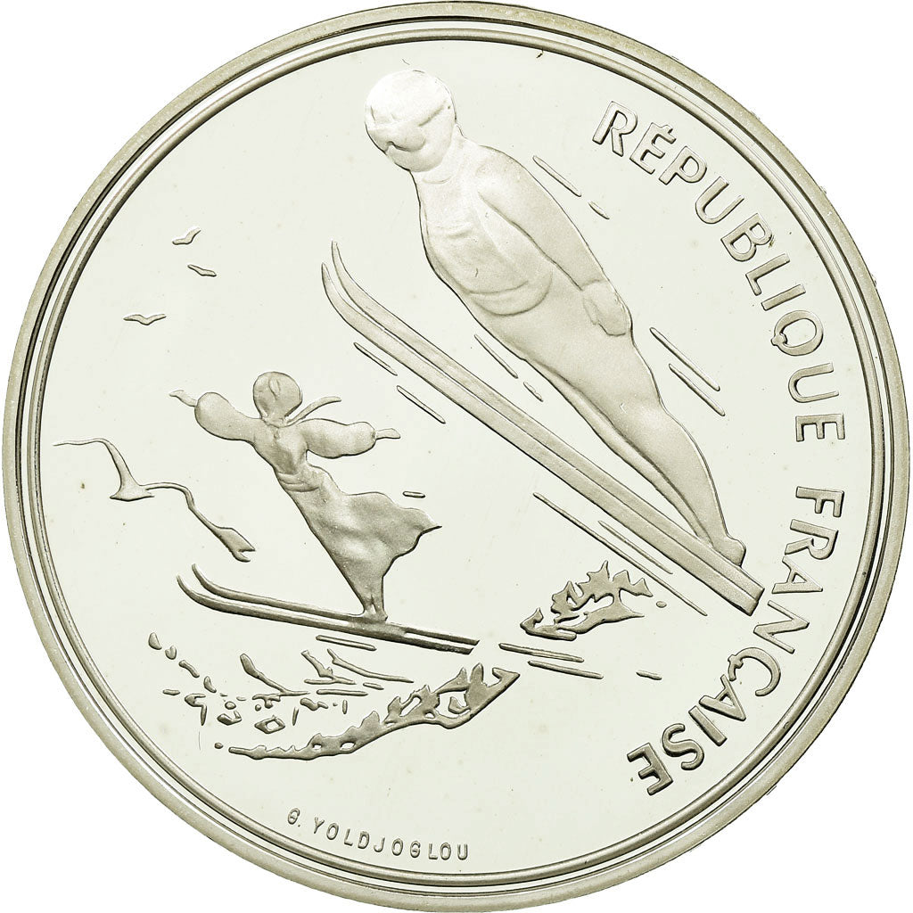 Moneta, Francja, Ski jumpers, 100 Francs, 1991, BE, MS(65-70), Srebro, KM:995