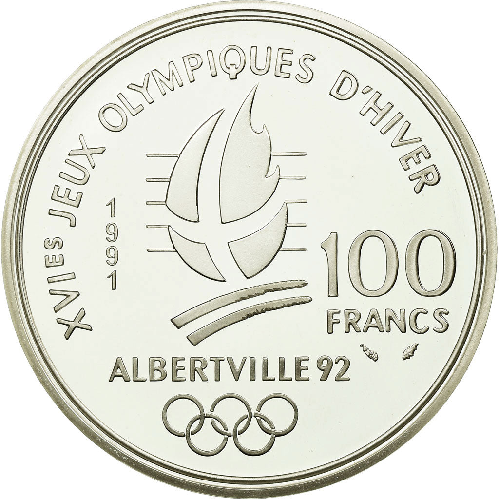 Moneta, Francja, Ski jumpers, 100 Francs, 1991, BE, MS(65-70), Srebro, KM:995