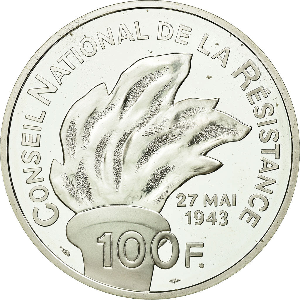 Moneta, Francja, Jean Moulin, 100 Francs, 1993, BE, MS(65-70), Srebro, KM:1023