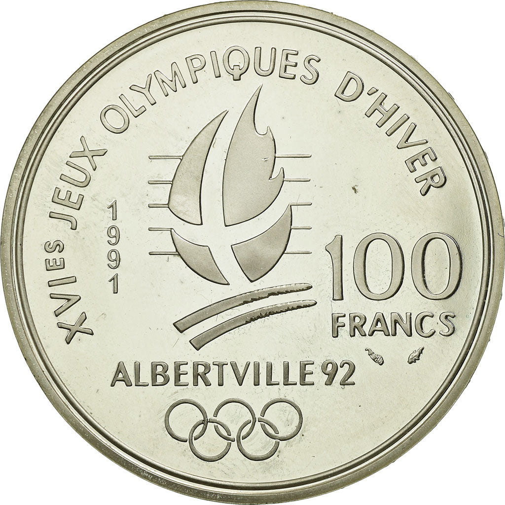 Münze, Frankreich, Ski jumpers, 100 Francs, 1991, BE, VZ, Silber, KM:995
