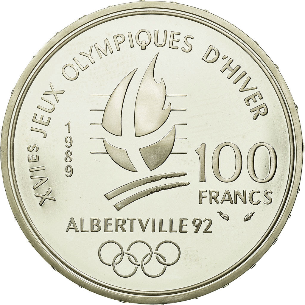 Moneta, Francja, Alpine skiing, 100 Francs, 1989, BE, MS(65-70), Srebro, KM:971