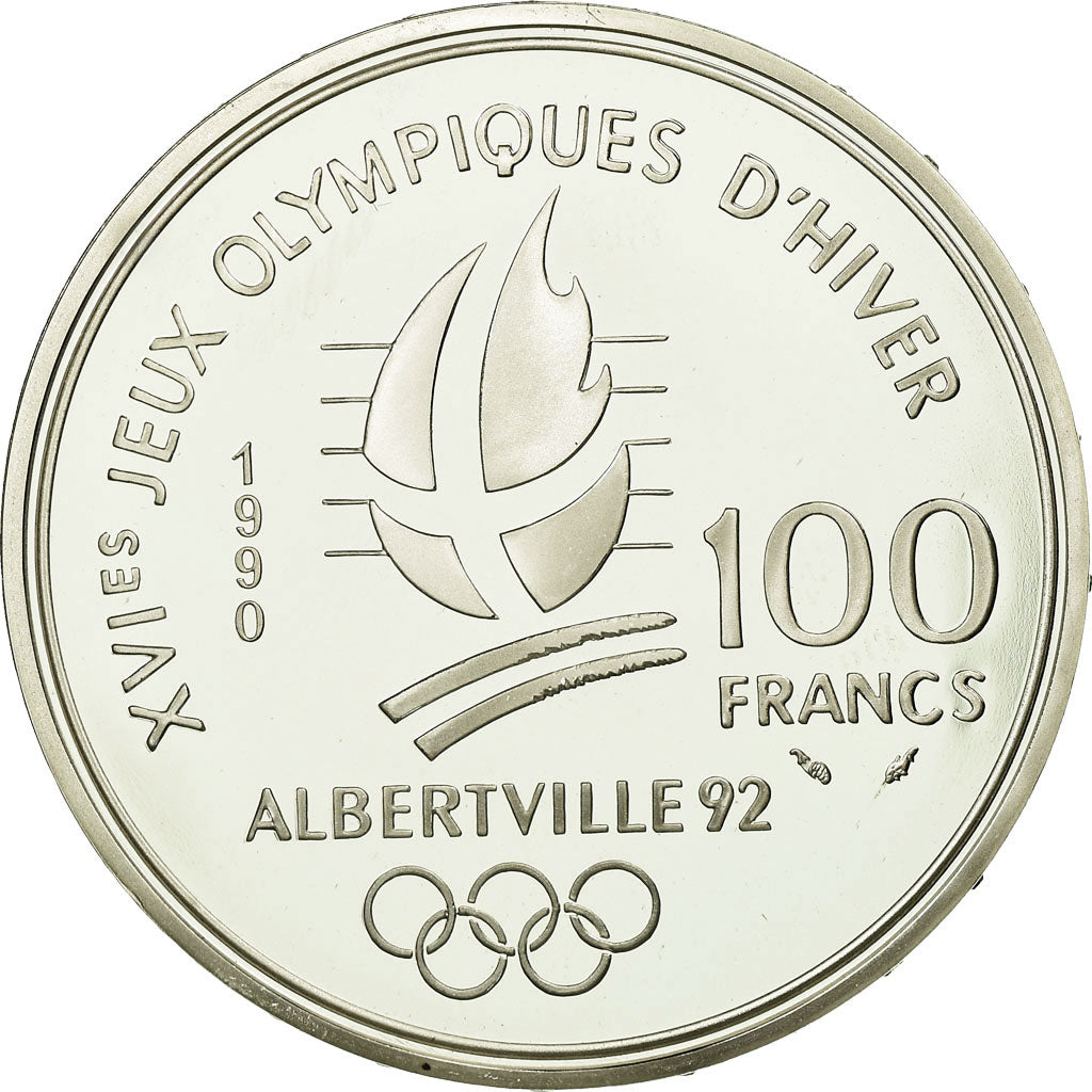 Moneta, Francja, Bobsledding, 100 Francs, 1990, BE, MS(65-70), Srebro, KM:981