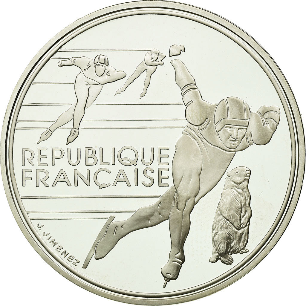 Moneta, Francja, Speed skaters, 100 Francs, 1990, BE, MS(65-70), Srebro, KM:980
