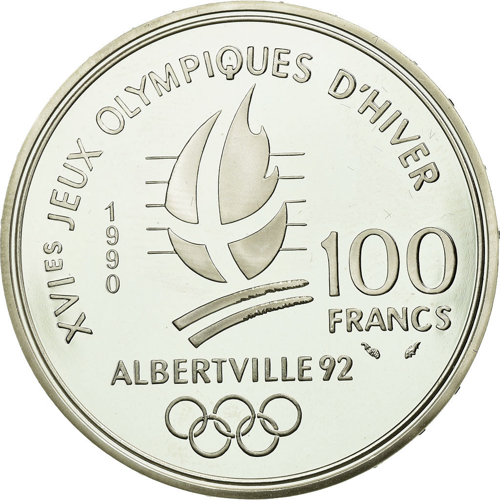 Moneta, Francja, Speed skaters, 100 Francs, 1990, BE, MS(65-70), Srebro, KM:980