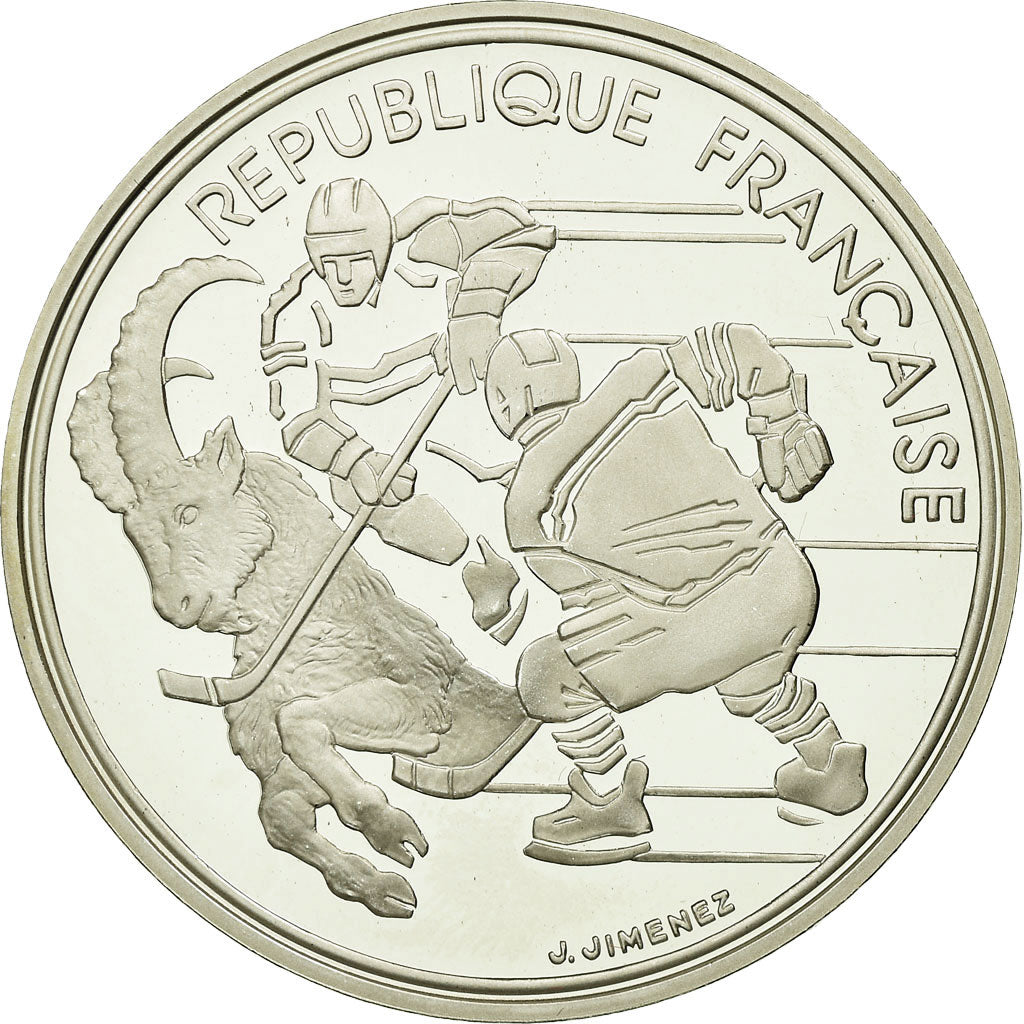 Moneta, Francja, Hockey players, 100 Francs, 1991, BE, MS(65-70), Srebro