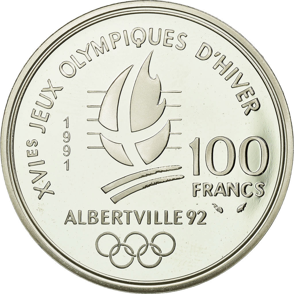 Moneta, Francja, Hockey players, 100 Francs, 1991, BE, MS(65-70), Srebro