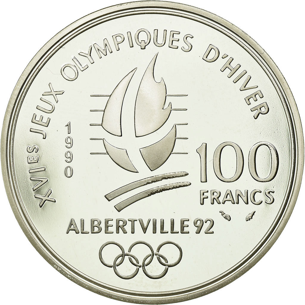 Moneta, Francja, Free-style skier, 100 Francs, 1990, BE, MS(65-70), Srebro