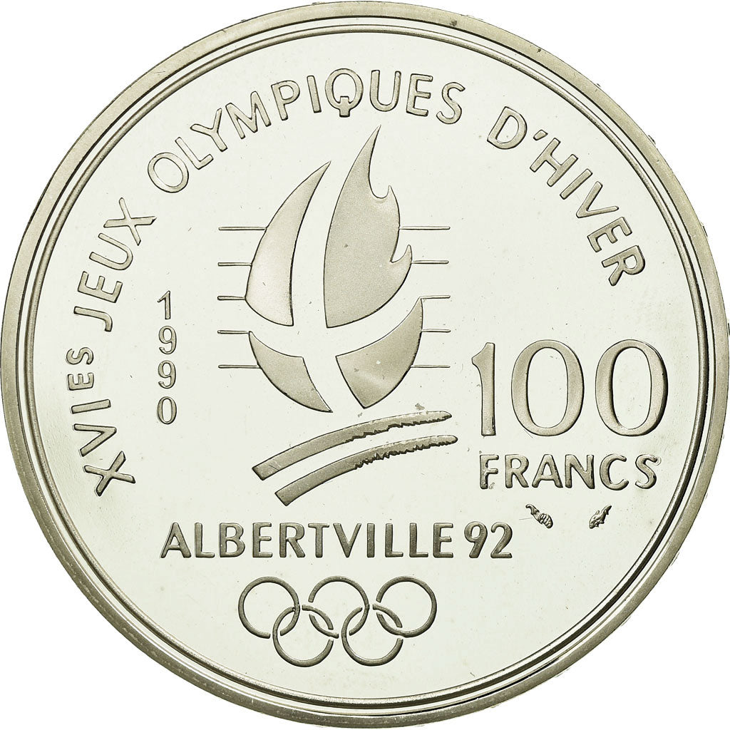 Moneta, Francja, Slalom skiers, 100 Francs, 1990, BE, MS(65-70), Srebro, KM:984