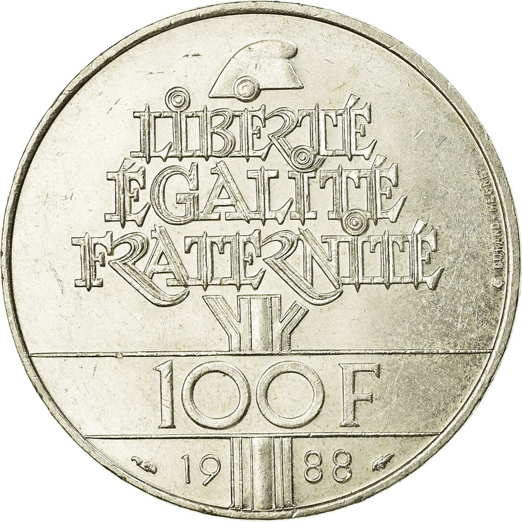 Moeda, França, Fraternité, 100 Francs, 1988, AU(55-58), Prata, KM:966