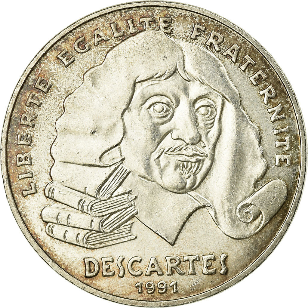 Moneda, Francia, Descartes, 100 Francs, 1991, MBC+, Plata, KM:996