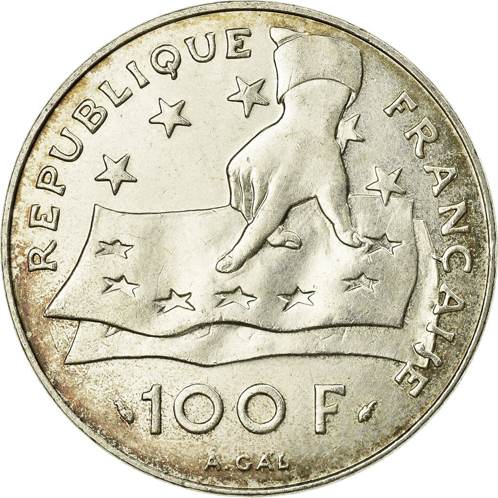 Moneda, Francia, Descartes, 100 Francs, 1991, MBC+, Plata, KM:996