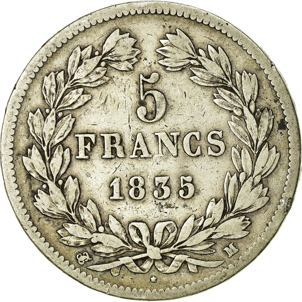 Moneda, Francia, Louis-Philippe, 5 Francs, 1835, Toulouse, BC+, Plata, KM:749.9