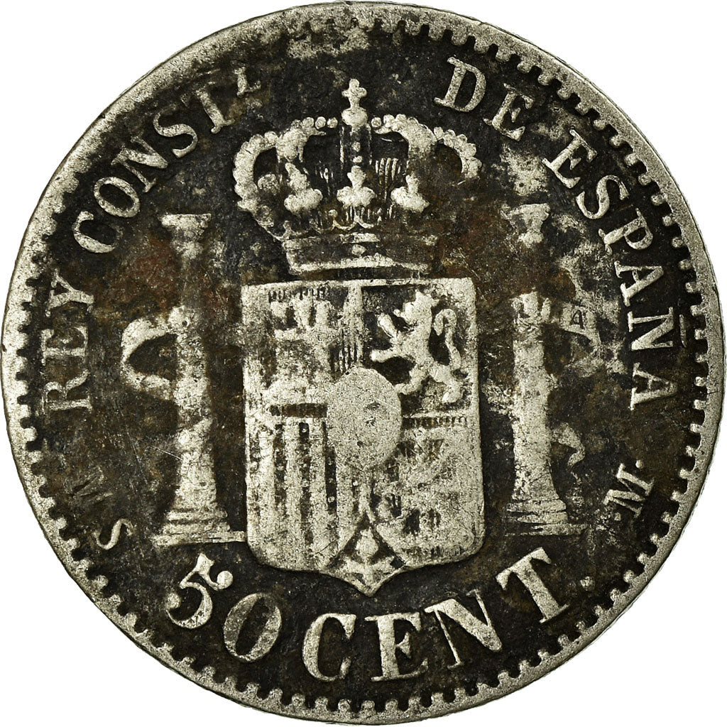 Moneda, España, Alfonso XII, 50 Centimos, 1880, Madrid, BC+, Plata, KM:685