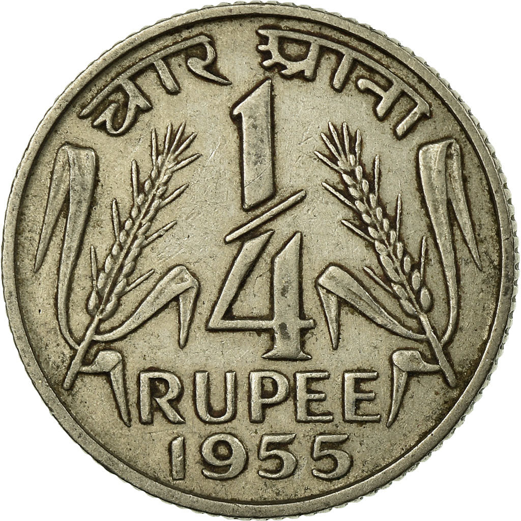 Moeda, ÍNDIA - REPÚBLICA, 1/4 Rupee, 1955, Calcutta, EF(40-45), Níquel