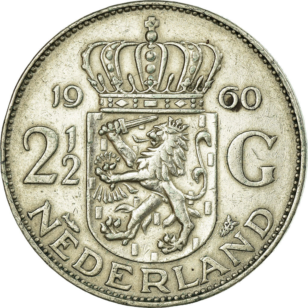 Coin, Netherlands, Juliana, 2-1/2 Gulden, 1960, EF(40-45), Silver, KM:185