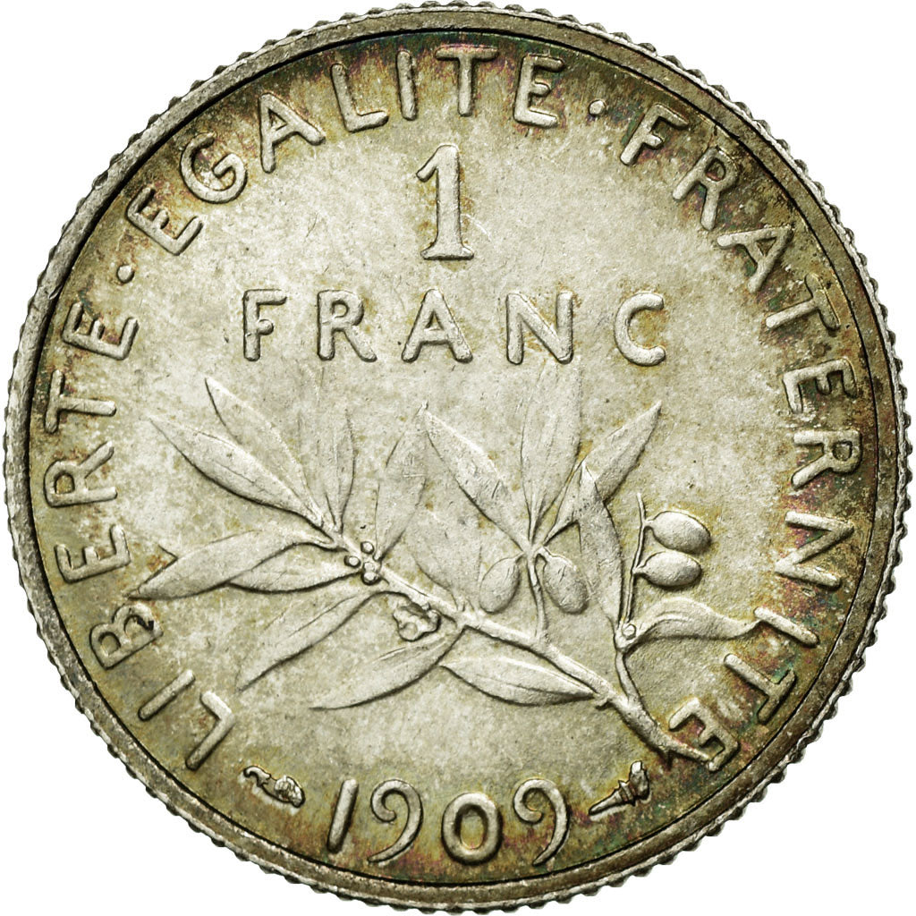 Coin, France, Semeuse, Franc, 1909, MS(60-62), Silver, KM:844.1, Gadoury:467