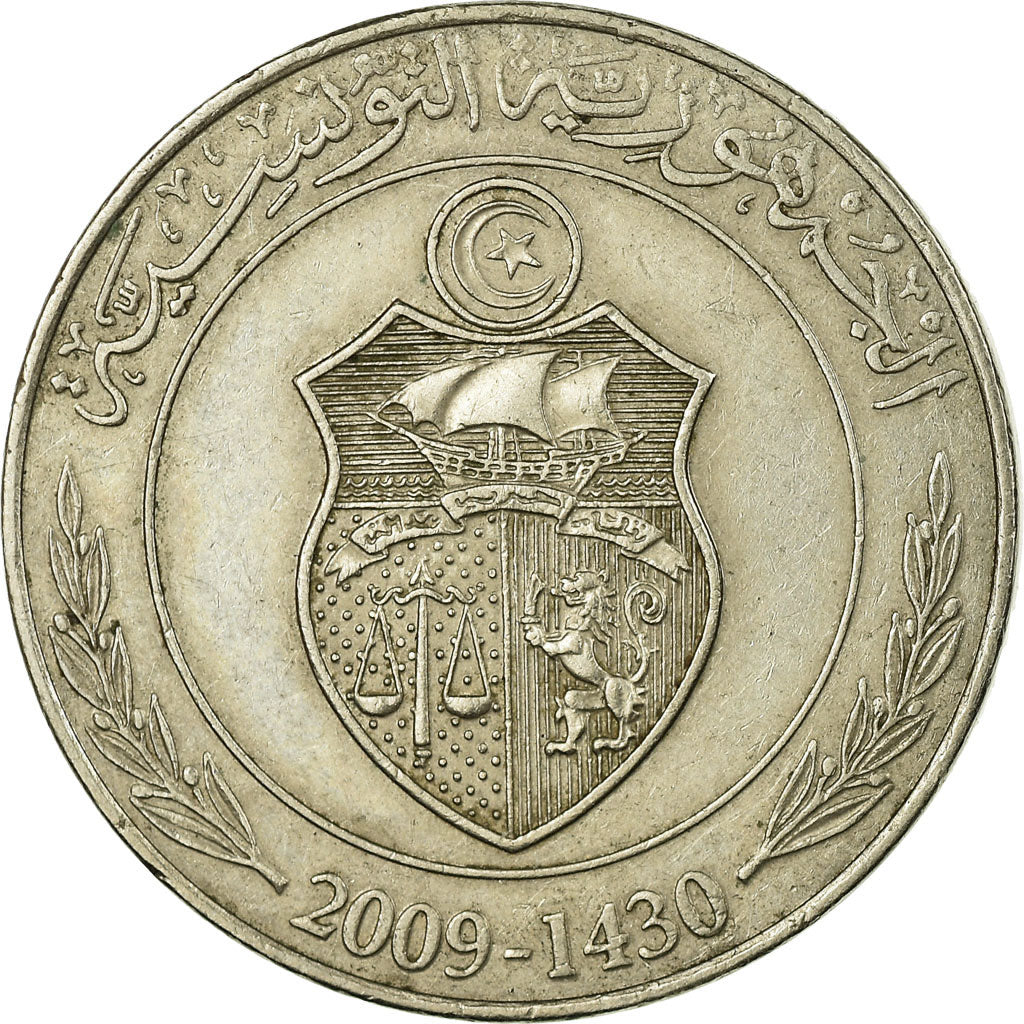 Moeda, Tunísia, Dinar, 2009/AH1430, Paris, EF(40-45), Cobre-níquel, KM:347