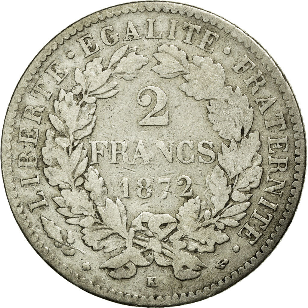 Moneta, Francia, Cérès, 2 Francs, 1872, Paris, MB, Argento, KM:817.1