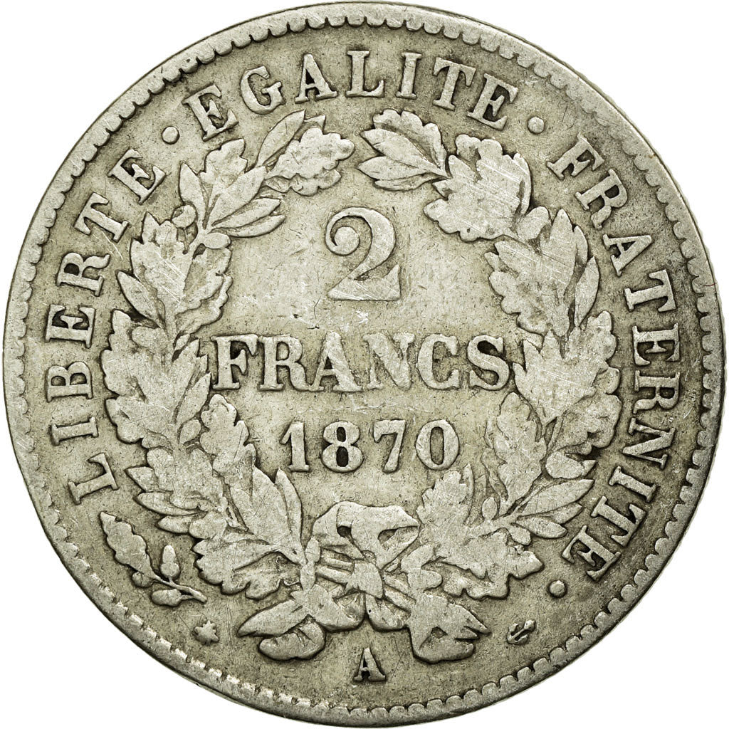 Coin, France, Cérès, 2 Francs, 1870, Paris, VF(30-35), Silver, KM:817.1