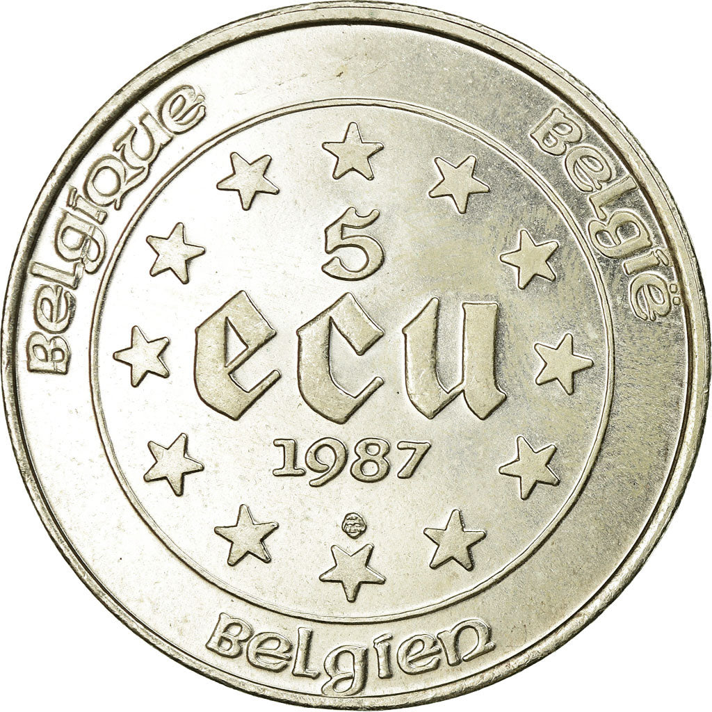 Moeda, Bélgica, 5 Ecu, 1987, EF(40-45), Prata, KM:166