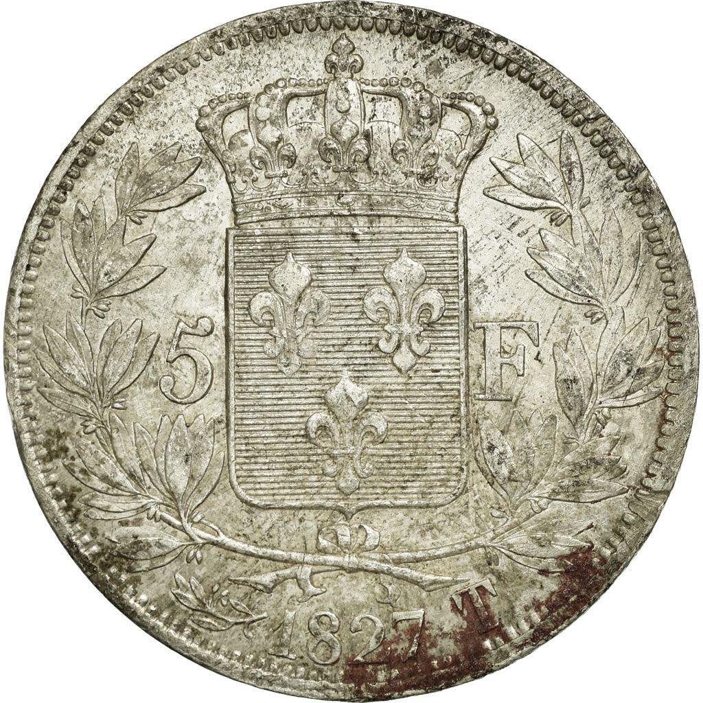 Moneda, Francia, Charles X, 5 Francs, 1827, Paris, MBC, Plata, KM:728.1