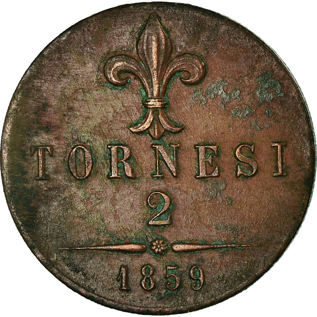 Italiaanse staten, NAPLES, Francesco II, 2 Tornesi, 1859, Koper, ZF, KM:374