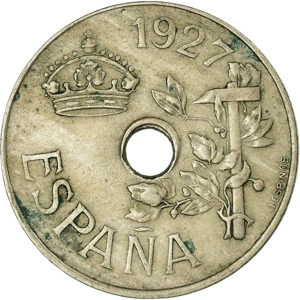 Moneta, Spagna, Alfonso XIII, 25 Centimos, 1927, Madrid, MB+, Rame-nichel