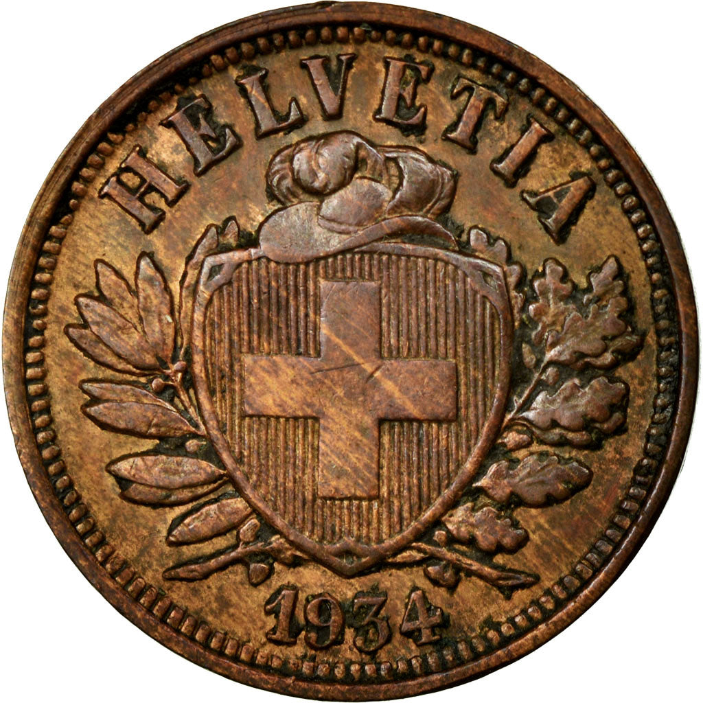 Coin, Switzerland, 2 Rappen, 1934, Bern, AU(50-53), Bronze, KM:4.2a