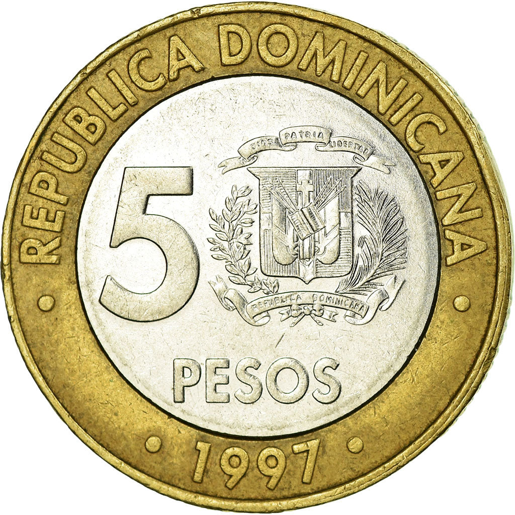 Coin, Dominican Republic, 5 Pesos, 1997, Franklin Mint, EF(40-45), Bi-Metallic