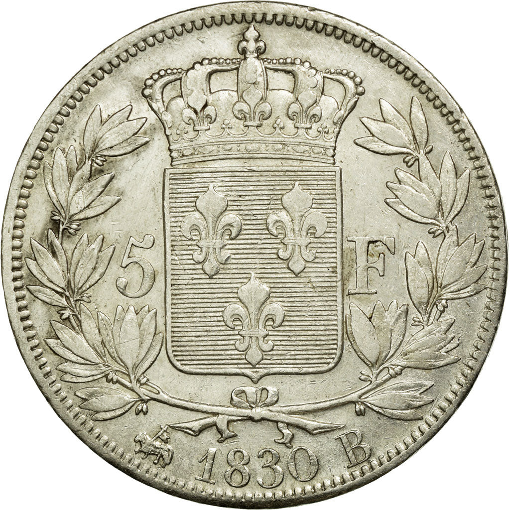 Moneda, Francia, Charles X, 5 Francs, 1830, Rouen, MBC, Plata, KM:728.2