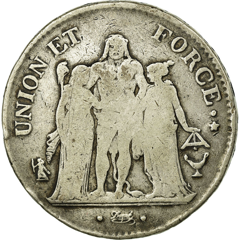 Moneta, Francia, Union et Force, 5 Francs, 1801, Bordeaux, MB+, Argento