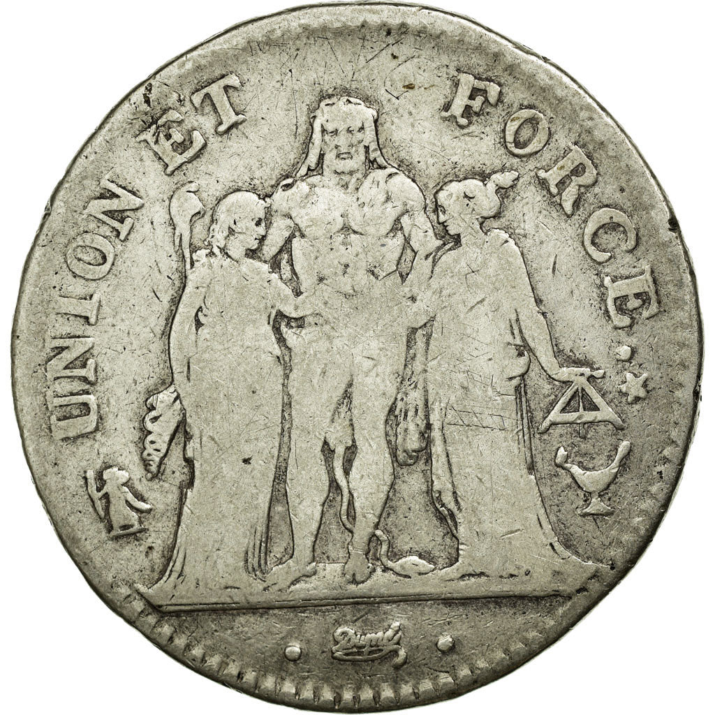 Moneta, Francia, Union et Force, 5 Francs, 1798, Bordeaux, MB, Argento