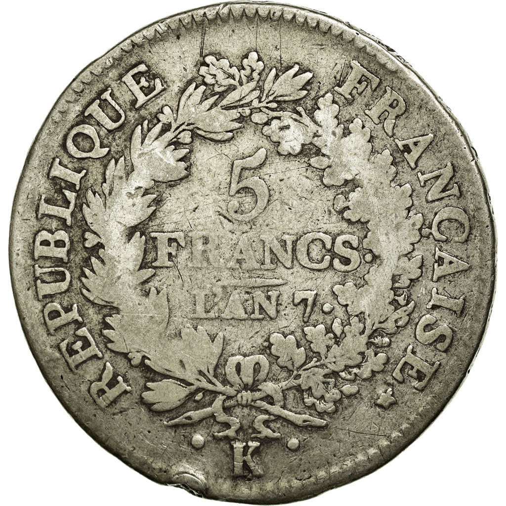 Moneta, Francia, Union et Force, 5 Francs, 1798, Bordeaux, MB, Argento