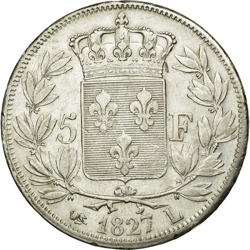 Moneda, Francia, Charles X, 5 Francs, 1827, Bayonne, MBC, Plata, KM:728.8
