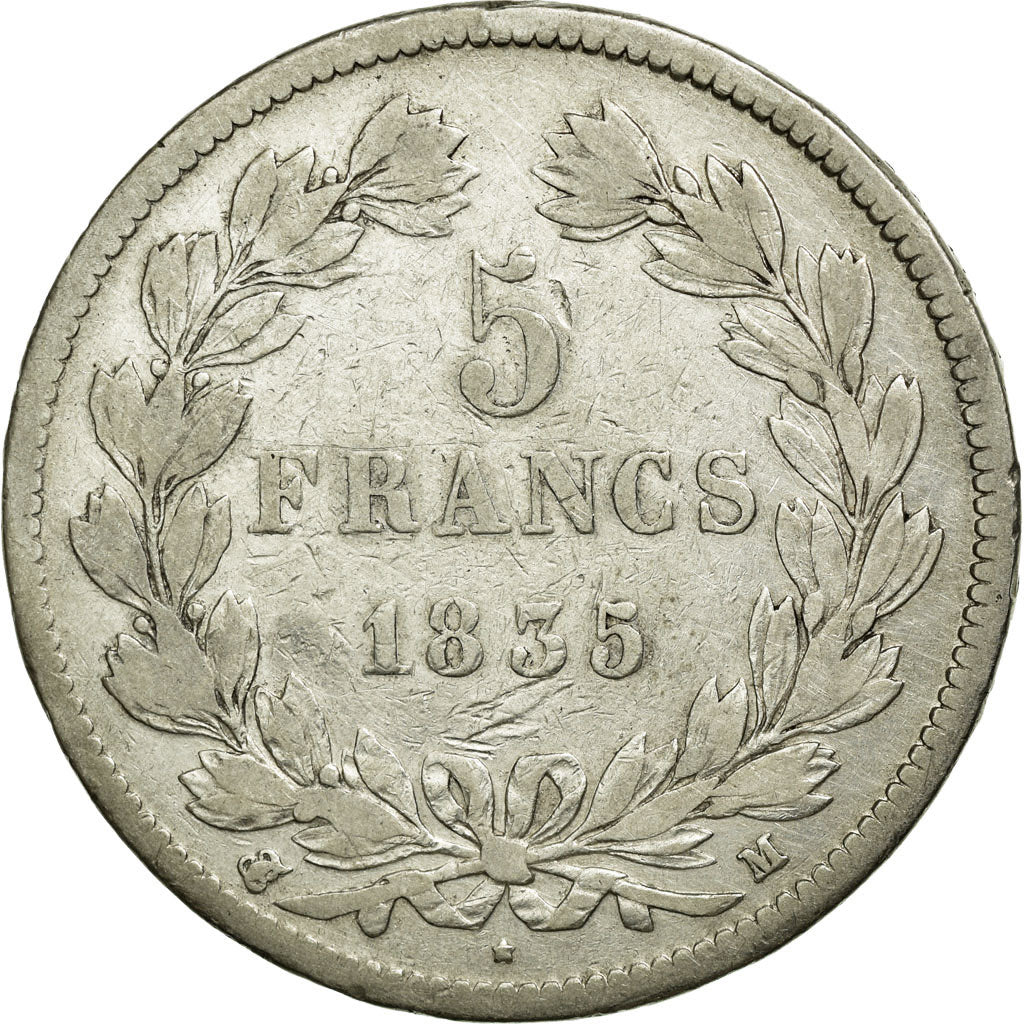 Moneda, Francia, Louis-Philippe, 5 Francs, 1835, Toulouse, BC+, Plata, KM:749.9