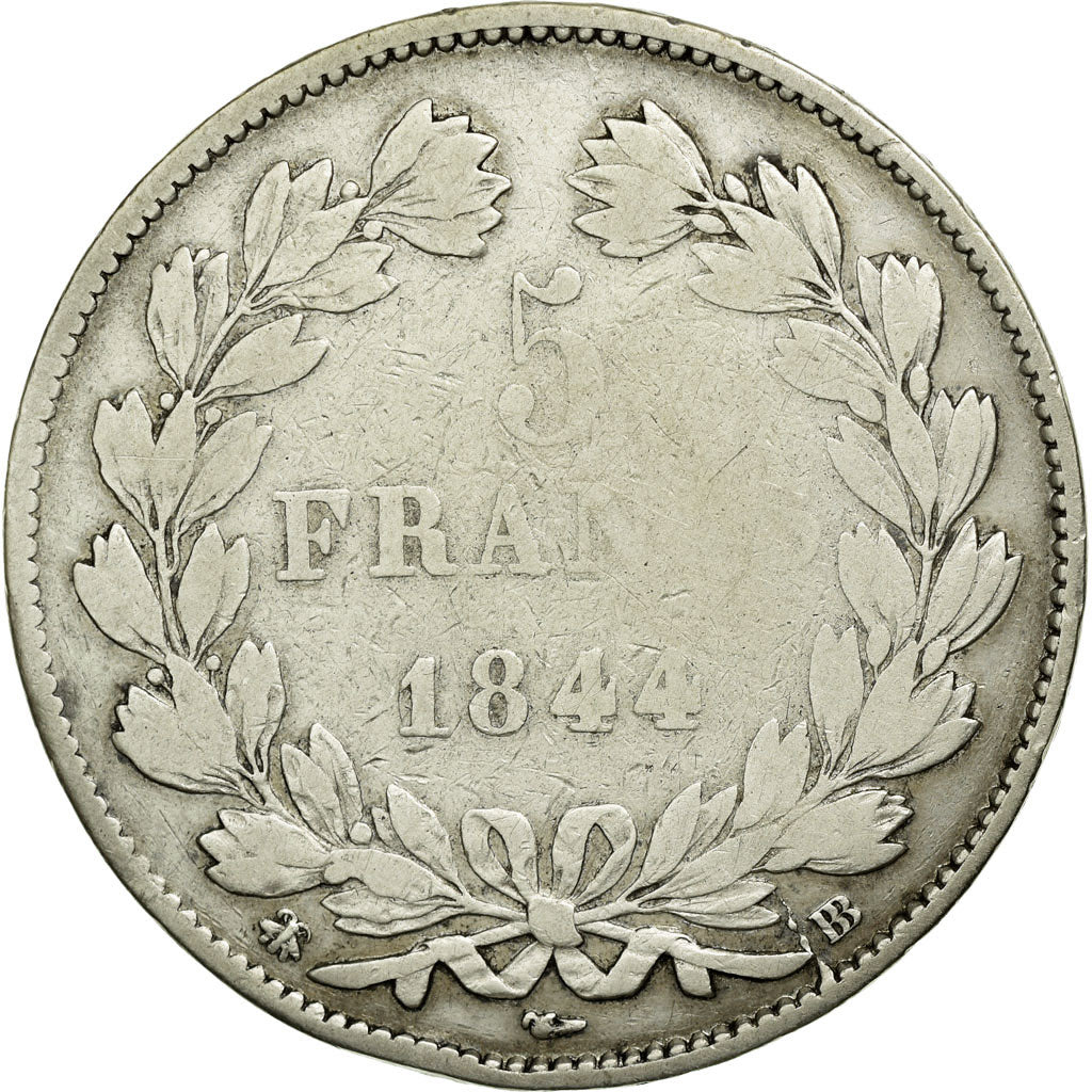 Moneta, Francia, Louis-Philippe, 5 Francs, 1844, Strasbourg, MB, Argento