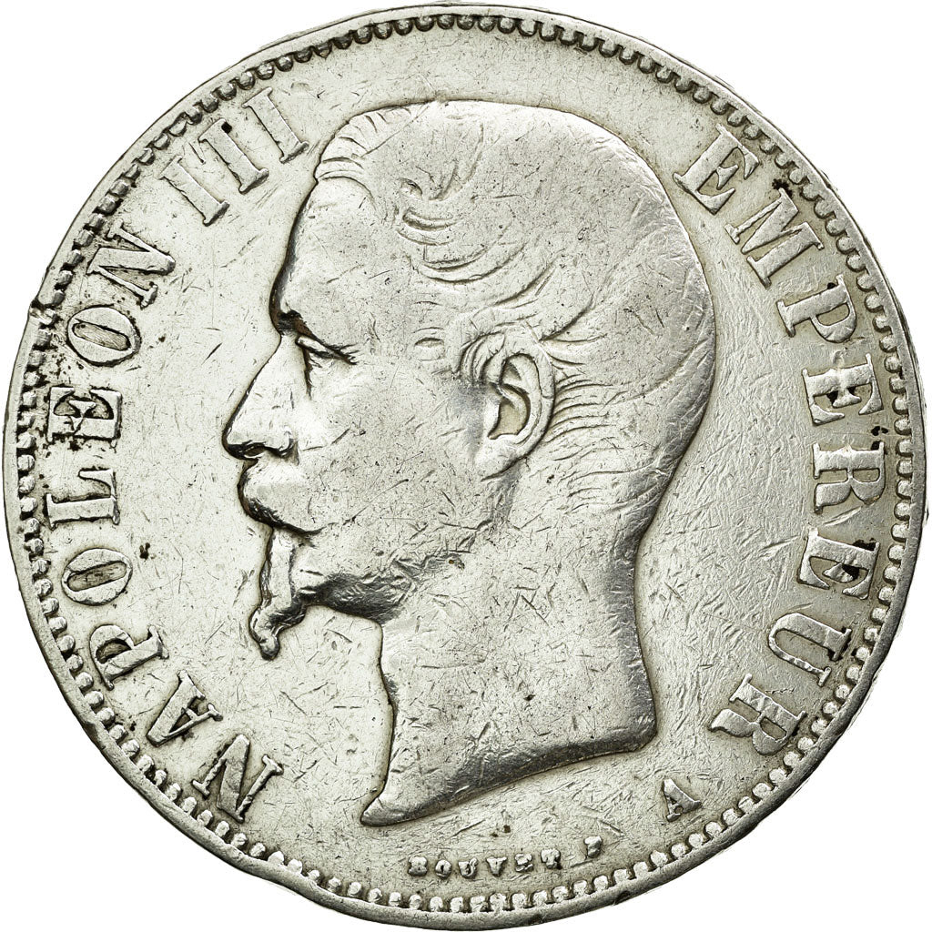 Moneda, Francia, Napoleon III, Napoléon III, 5 Francs, 1855, Paris, BC+, Plata