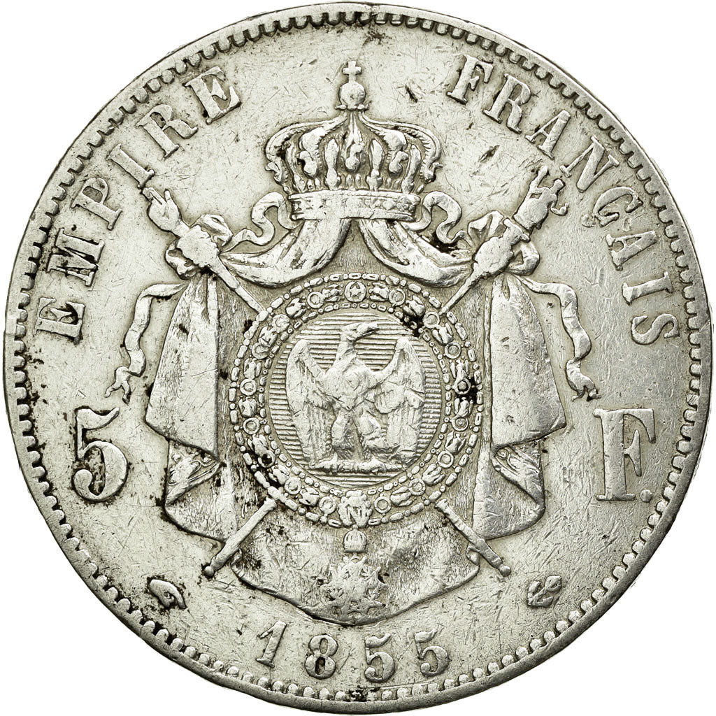 Moneda, Francia, Napoleon III, Napoléon III, 5 Francs, 1855, Paris, BC+, Plata