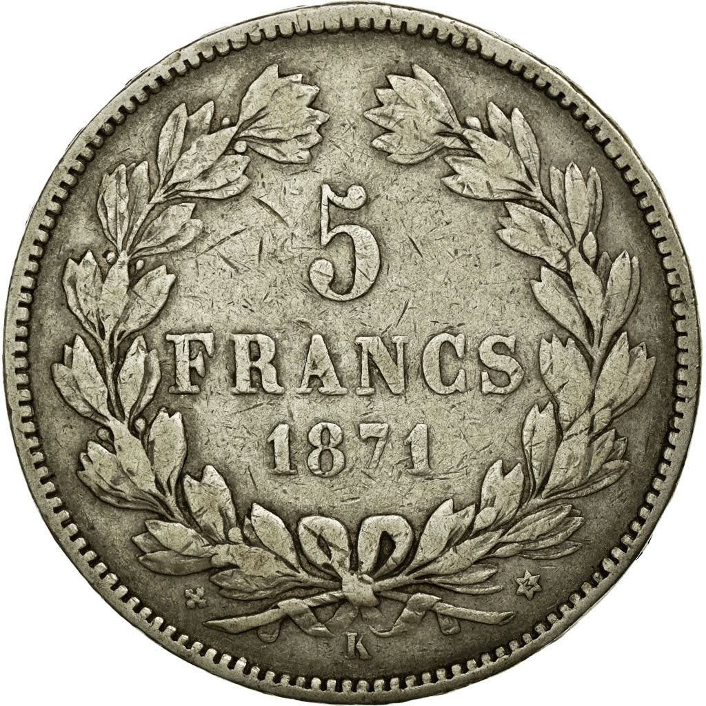 Münze, Frankreich, Cérès, 5 Francs, 1871, Bordeaux, S+, Silber, KM:818.2