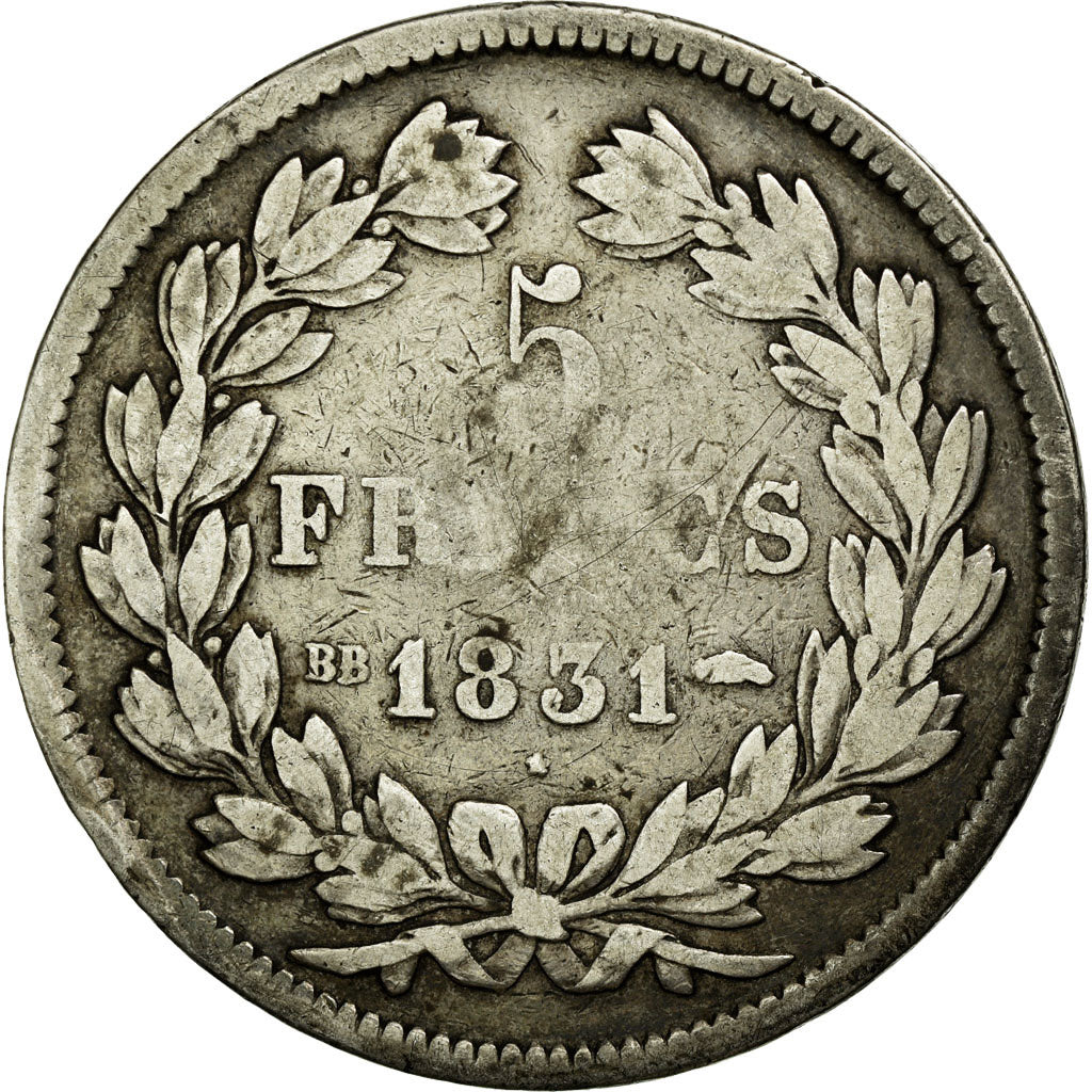 Moneta, Francia, Louis-Philippe, 5 Francs, 1831, Strasbourg, MB+, Argento