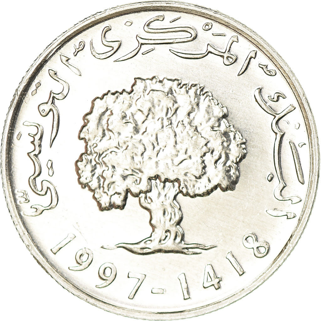 Moeda, Tunísia, 5 Millim, 1997/AH1418, Paris, MS(60-62), Alumínio, KM:348