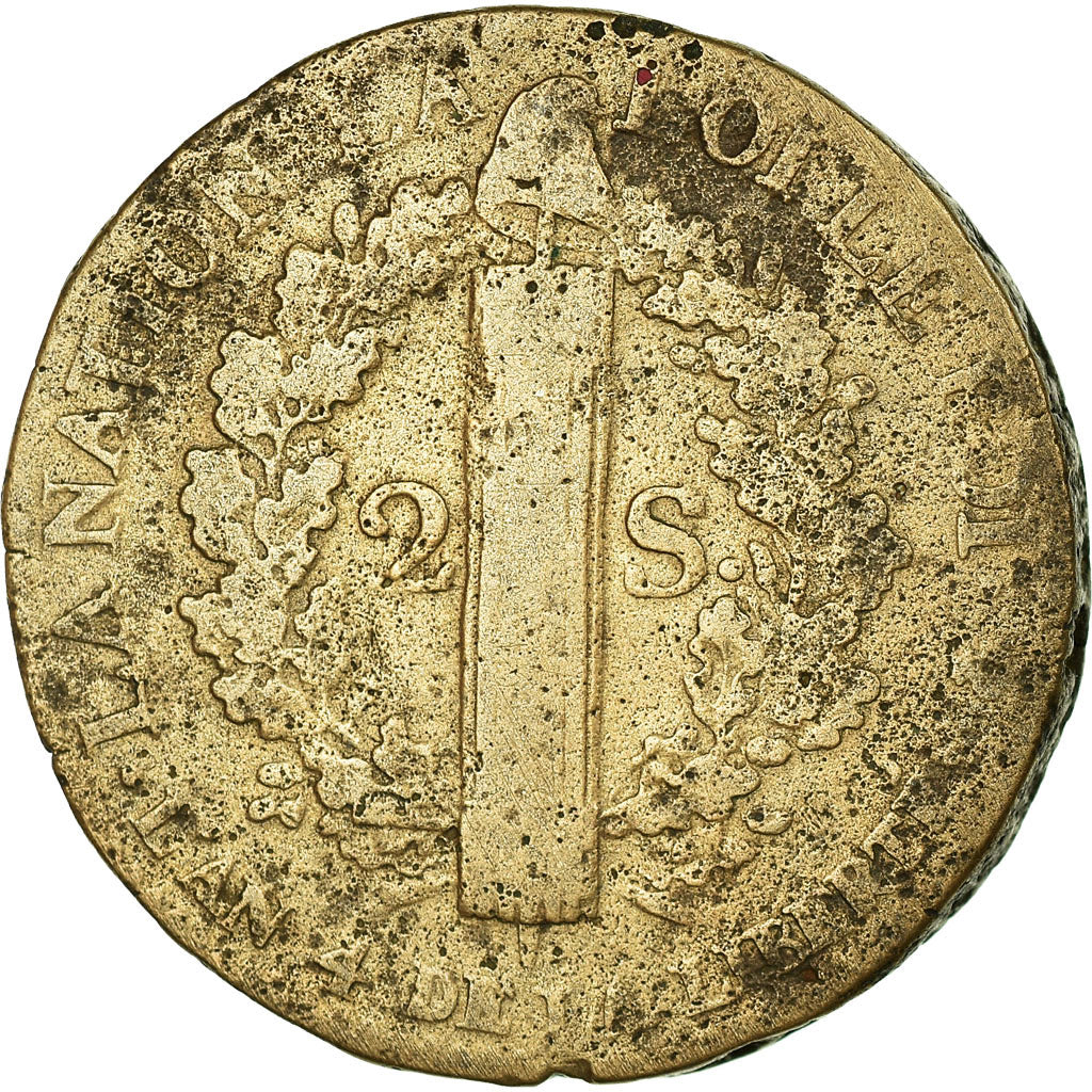 Moeda, França, 2 sols françois, 2 Sols, 1792, Paris, F(12-15), Bronze