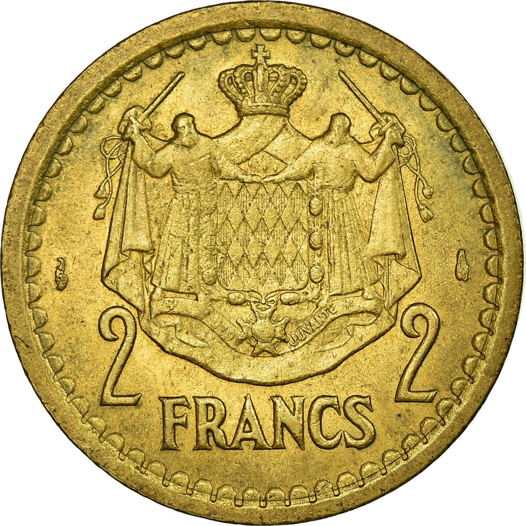 Moneta, Monaco, 2 Francs, Undated (1943), AU(50-53), Brązal