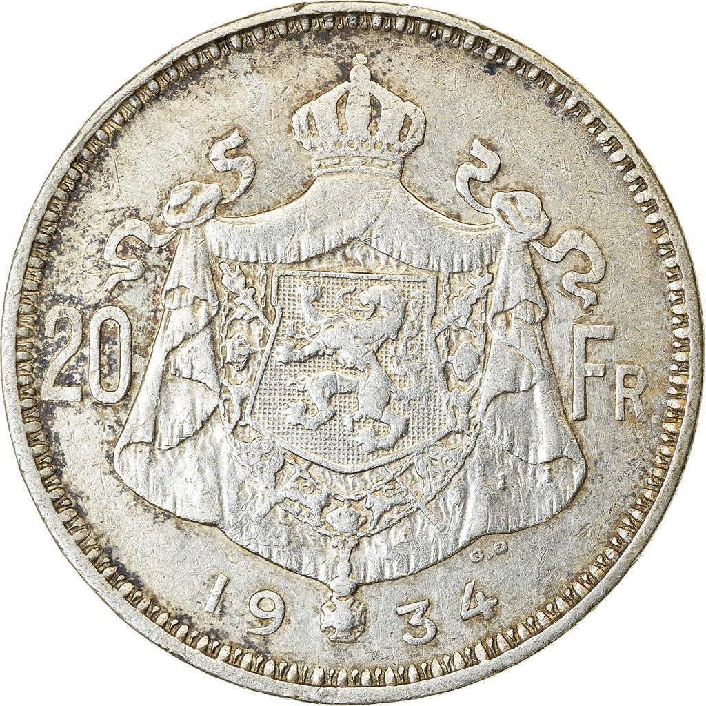 Moneda, Bélgica, 20 Francs, 20 Frank, 1934, MBC, Plata, KM:104.1