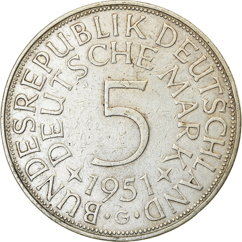 Moneda, ALEMANIA - REPÚBLICA FEDERAL, 5 Mark, 1951, Karlsruhe, MBC, Plata