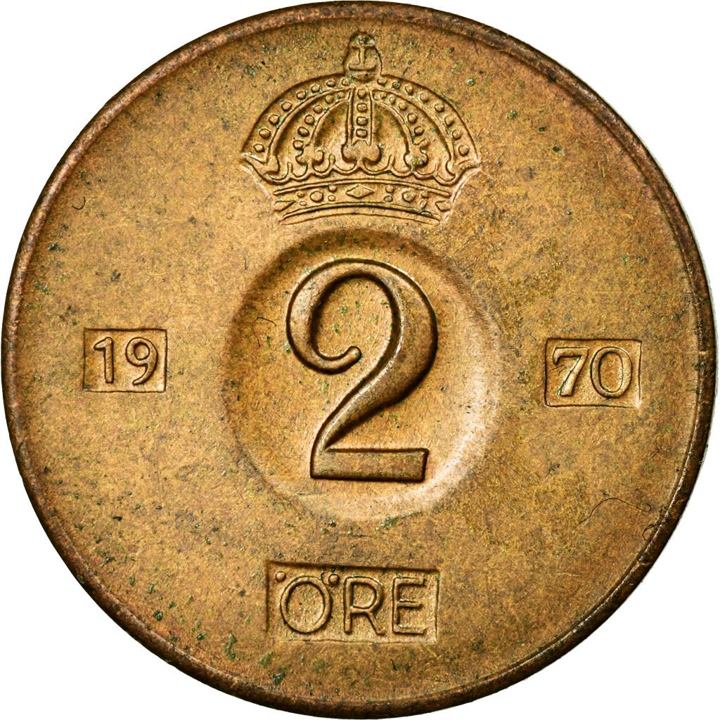 Moneta, Svezia, Gustaf VI, 2 Öre, 1970, BB+, Bronzo, KM:821