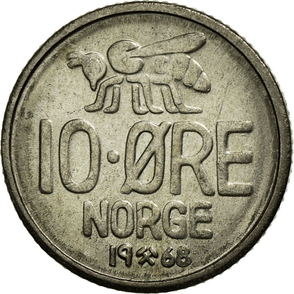 Coin, Norway, Olav V, 10 Öre, 1968, AU(55-58), Copper-nickel, KM:411