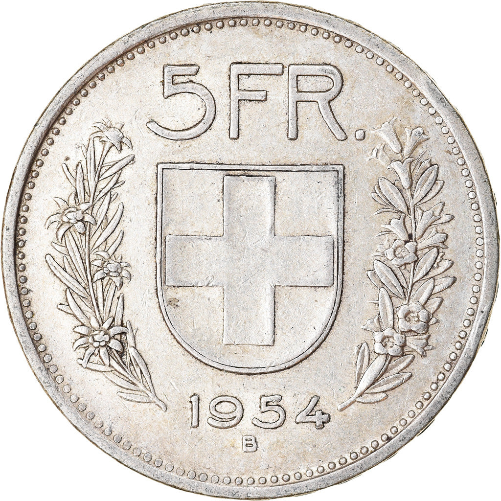 Coin, Switzerland, 5 Francs, 1954, Bern, EF(40-45), Silver, KM:40